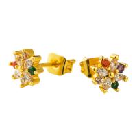 ottone orecchini a borchia, Fiore, placcato color oro, Micro spianare cubic zirconia & per la donna, multi-colore, 8x8mm, Venduto da coppia