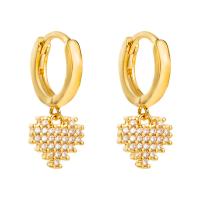 Brass Huggie Hoop Drop Earring Heart gold color plated micro pave cubic zirconia & for woman Sold By Pair