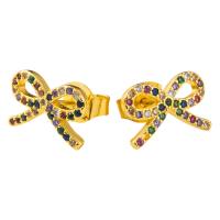 Brass Stud Earring Bowknot gold color plated micro pave cubic zirconia & for woman & hollow multi-colored Sold By Pair