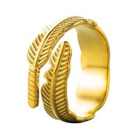 Titanium Steel Cuff Finger Ring Feather gold color plated Adjustable & micro pave cubic zirconia & for woman 20mm Sold By PC