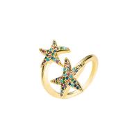 Латунь Манжеты палец кольцо, Морская звезда, плакирован золотом, Регулируемый & инкрустированное микро кубического циркония & Женский, Много цветов для выбора, 20mm, продается PC