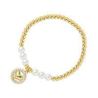 Bracelet cubique en laiton zircon pavent, avec perle de plastique, Placage de couleur d'or, pavé de micro zircon & pour femme, Longueur:Environ 6.69 pouce, Vendu par PC