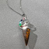 Natural Gemstone Necklace with 304 Stainless Steel Chain & Brass with 1.97 extender chain Conical silver color plated & Unisex Length 17.9 Inch Sold By PC