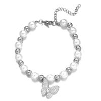 Stainless Steel Jewelry Bracelet 304 Stainless Steel with Plastic Pearl with 1.97inch extender chain Butterfly fashion jewelry & micro pave cubic zirconia & for woman original color 8mm 16mm Length Approx 7.08 Inch Sold By PC