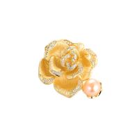 Freshwater Pearl Brooch, Brass, with Freshwater Pearl, Common Camelia, 18K gold plated, micro pave cubic zirconia & for woman, golden, nickel, lead & cadmium free, 37x35mm, Sold By PC