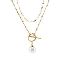 Stainless Steel Jewelry Necklace, 304 Stainless Steel, with Plastic Pearl, with 1.97inch extender chain, 18K gold plated, Double Layer & fashion jewelry & for woman, golden, 12mm, Length:Approx 14.96 Inch, Approx 19.69 Inch, Sold By PC