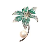 Cubic Zirconia Brooch, Brass, with Plastic Pearl, Lily, plated, micro pave cubic zirconia & for woman, more colors for choice, nickel, lead & cadmium free, 60x40mm, Sold By PC