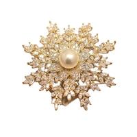 Cubic Zirconia Brooch, Brass, with Plastic Pearl, Flower, gold color plated, micro pave cubic zirconia & for woman, golden, nickel, lead & cadmium free, 55x55mm, Sold By PC