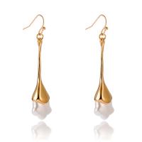 Tibetan Style Drop Earrings, with Glass Pearl, gold color plated, for woman, 9x46mm, Sold By Pair