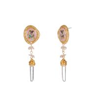 Tibetan Style Drop Earrings, with Natural Stone & Shell, gold color plated, fashion jewelry & for woman & enamel, multi-colored, 18x64mm, Sold By Pair