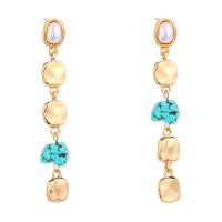 Boucles d'oreilles en alliage de zinc, avec turquoise & perle de verre, Placage de couleur d'or, bijoux de mode & pour femme, bleu, 11x65mm, Vendu par paire