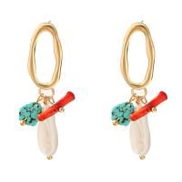 Boucles d'oreilles en alliage de zinc, avec turquoise, Placage de couleur d'or, bijoux de mode & pour femme, multicolore, 12x46mm, Vendu par paire