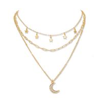 Multi Layer Necklace Zinc Alloy with Brass Moon and Star gold color plated multilayer & for woman & with rhinestone 500mm Sold By PC