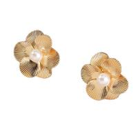 Tibetan Style Stud Earring, Flower, gold color plated, for woman & with plastic pearl, 29x29mm, Sold By Pair