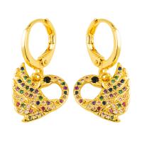 Brass Huggie Hoop Drop Earring Swan gold color plated micro pave cubic zirconia & for woman Sold By Pair