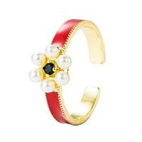 Cubic Zirconia Micro Pave Brass Ring, with Plastic Pearl, Heart, gold color plated, Adjustable & micro pave cubic zirconia & for woman & enamel, more colors for choice, 20mm, Sold By PC