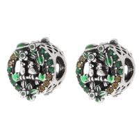 Zinc Alloy Large Hole Bead Round silver color plated DIY & enamel & with rhinestone green nickel lead & cadmium free Approx 5mm Sold By PC
