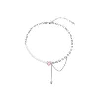 Cubic Zircon Micro Pave Brass Necklace, with Plastic Pearl, with 8cm extender chain, Heart, silver color plated, fashion jewelry & micro pave cubic zirconia & for woman, silver color, nickel, lead & cadmium free, 15x12mm, Length:Approx 40 cm, Sold By PC