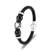 Leather Bracelet, with Titanium Steel, plated, braided bracelet & for man, black, 210mm, Sold By PC