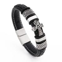 PU Leather Cord Bracelets Microfiber PU with 316L Stainless Steel plated braided bracelet & for man black Sold By PC