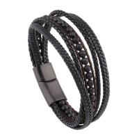 Microfiber PU Bracelet, with Natural Stone & 316L Stainless Steel, vacuum plating black​, multilayer & braided bracelet & different size for choice & for man, black, Sold By PC
