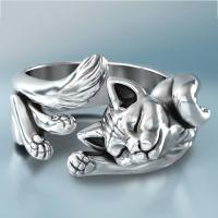 Латунь Манжеты палец кольцо, Кошка, плакирован серебром, регулируемый & Женский, не содержит никель, свинец, размер:6-8, продается PC