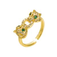 Brass Cuff Finger Ring Leopard gold color plated Adjustable & micro pave cubic zirconia & for woman 20mm Sold By PC