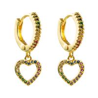 Brass Huggie Hoop Drop Earring Heart gold color plated micro pave cubic zirconia & for woman & hollow multi-colored Sold By Pair