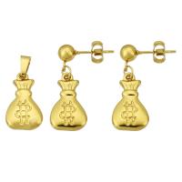 Fashion Stainless Steel Jewelry Sets, pendant & earring, 316 Stainless Steel, Money Bag, Vacuum Plating, 2 pieces & fashion jewelry & for woman, golden, 10x17x3mm, 10Sets/Lot, Sold By Lot