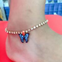 Tibetan Style Anklet, with 7cm extender chain, Butterfly, plated, Adjustable & for woman & enamel & with rhinestone, more colors for choice, nickel, lead & cadmium free, Length:22 cm, Sold By PC