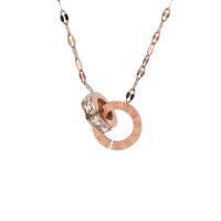 Titanium Steel Necklace with 5cm extender chain Flat Round Vacuum Ion Plating fashion jewelry & for woman & with rhinestone rose gold color Length 45 cm Sold By PC