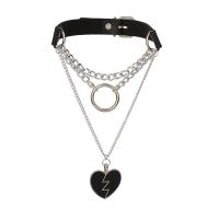 PU Leather Necklace with Zinc Alloy Heart silver color plated fashion jewelry & multilayer & punk style black Sold By PC