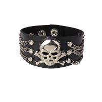 PU Leather Bracelet, with Tibetan Style, Skull, silver color plated, fashion jewelry & punk style & Unisex, black, 220x35mm, Sold By PC