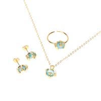 Cat Eye Jewelry Set, finger ring & earring & necklace, Brass, with Cats Eye, gold color plated, different styles for choice & for woman, light blue, Sold By PC
