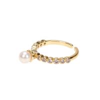 Cubique anneau en laiton Circonia Micro Pave, avec Nacre perles, Placage de couleur d'or, Réglable & pavé de micro zircon & pour femme, Vendu par PC