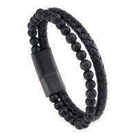 PU Leather Cord Bracelets, Microfiber PU, with Tiger Eye & 316L Stainless Steel, Vacuum Plating, braided bracelet & different size for choice & for man, black, Sold By PC