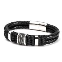 Bracelets cordon PU, Microfibre PU, avec acier inoxydable 316L, bracelet tressé & normes différentes pour le choix & pour homme, noire, Vendu par PC