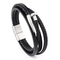 PU Leather Cord Bracelets, Microfiber PU, with 316L Stainless Steel, Vacuum Plating, multilayer & braided bracelet & for man, black, Sold By PC