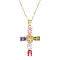 Cubic Zircon Micro Pave Brass Necklace with 1.96 inch extender chain Cross gold color plated & micro pave cubic zirconia & for woman multi-colored Length Approx 16.14 Inch Sold By PC