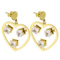 Stainless Steel Drop Earring, 316 Stainless Steel, Heart, Vacuum Plating, fashion jewelry & for woman & with rhinestone, golden, 33x30x30.50mm, 10Pairs/Lot, Sold By Lot