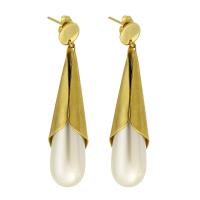 Stainless Steel Drop Earring, 316 Stainless Steel, with ABS Plastic Pearl, Vacuum Plating, fashion jewelry & for woman, golden, 57x13x49mm, 10Pairs/Lot, Sold By Lot