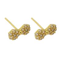 Cubic Zirconia Micro Pave Brass Earring, Bowknot, gold color plated, fashion jewelry & micro pave cubic zirconia & for woman, golden, 10.50x5mm, Hole:Approx 1mm, 10Pairs/Lot, Sold By Lot