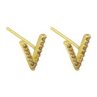 Cubic Zirconia Micro Pave Brass Earring, Letter V, gold color plated, fashion jewelry & micro pave cubic zirconia & for woman, golden, 7x9mm, 10Pairs/Lot, Sold By Lot
