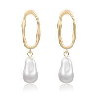 Brass Drop Earring, with Plastic Pearl, gold color plated, for woman, golden, nickel, lead & cadmium free, 50x10mm, Sold By Pair