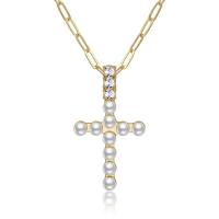 Cubic Zircon Micro Pave Brass Necklace, with Plastic Pearl & Tibetan Style, Cross, gold color plated, micro pave cubic zirconia & for woman, golden, nickel, lead & cadmium free, Sold By PC