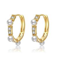 Cubic Zirconia Micro Pave Brass Earring, with Plastic Pearl, Round, gold color plated, micro pave cubic zirconia & for woman, golden, nickel, lead & cadmium free, 18x18x3mm, Sold By Pair