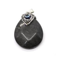 Black Stone Pendant with Rhinestone Clay Pave & Resin & Brass Teardrop silver color plated DIY black Sold By PC