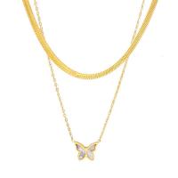 Titanstahl Halskette, mit Weiße Muschel, mit Verlängerungskettchen von 5cm, Schmetterling, Doppelschicht & Einstellbar & Modeschmuck & für Frau, goldfarben, 12x10mm, Länge 38 cm, 43 cm, verkauft von PC