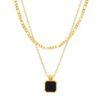 Titanová ocel náhrdelník, Titanium ocel, s Black Shell, s 5cm extender řetězce, Náměstí, Dvojitá vrstva & módní šperky & pro ženy, zlatý, 13x18mm, Délka 38 cm, 42 cm, Prodáno By PC