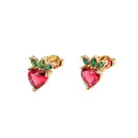 Cubic Zirconia Micro Pave Brass Earring, Strawberry, gold color plated, micro pave cubic zirconia & for woman, red, 8x11mm, Sold By Pair